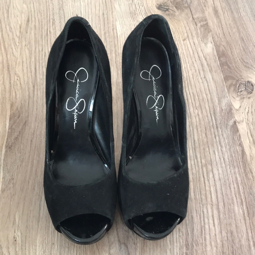 Jessica Simpson black faux suede peep toe heels